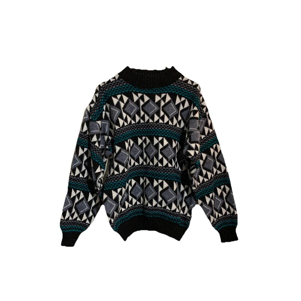 Vintage Sweater Men's M Multicolor Geometric Knit Pullover 1990s Grunge Acrylic